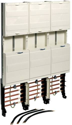 An electrical switchboard system with six compartments, partially open, reveals cables and connections for installation.
