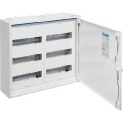 Open electrical distribution cabinet with six empty module slots and an open door, suitable for the installation of switching devices.