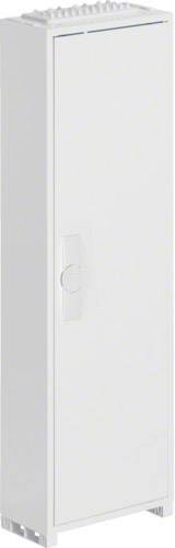 Slim, tall white cabinet with a single door, handle in the centre, minimalist in design.