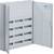 An open grey electrical cabinet with multiple horizontal rows of fuses or circuit breakers; door opened to the right.