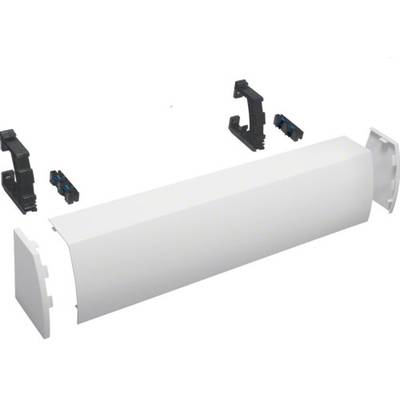 White cable trunking with end caps and mounting hardware, suitable for securely routing cables along walls.