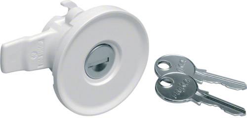 Round, white castle with two keys beside it, shown on a white background.