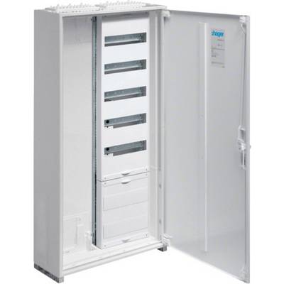 An open electrical cabinet, white, with six transparent rows for electrical devices. The door is open, revealing the interior view.