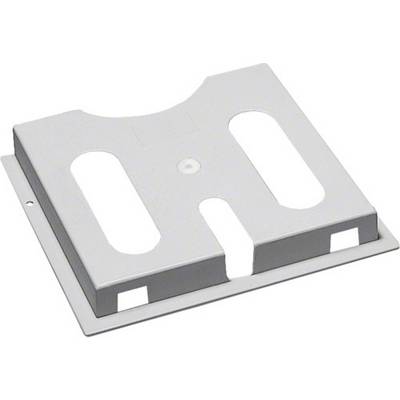 A grey plastic mounting bracket with slots and a central opening. Potentially designed for installation or attachment purposes.