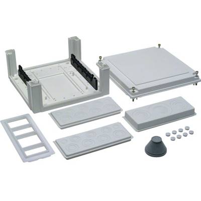 A disassembled enclosure with multiple removable plates and mounting brackets, suitable for technical applications or device installations.
