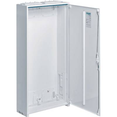 An open, empty electrical switchboard enclosure by Hager, showing its internal structure and door with an attached circuit diagram.