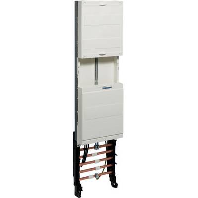 An open installation distribution cabinet with multiple compartments, visible cable connections, and a structured cover.