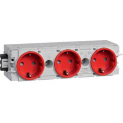 A grey socket module with three red socket outlets, suitable for use in electrical distribution boards.