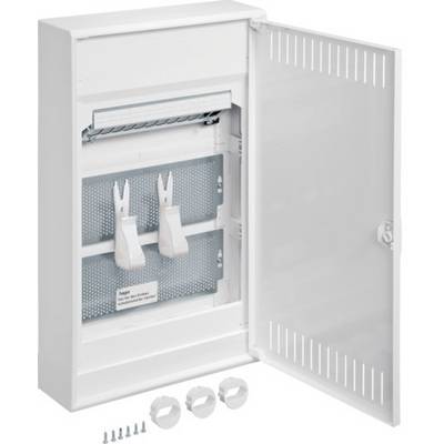 White, opened distribution box with two installation rails, four mounting rings, and five screws on the front.