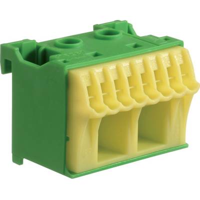Green and yellow plug-in terminal block for electrical connections with six terminals, front view.