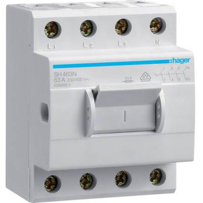 A four-pole Hager circuit breaker, model SH463N, rated for 63 amperes at 230/400 volts, with terminals and toggle switch.
