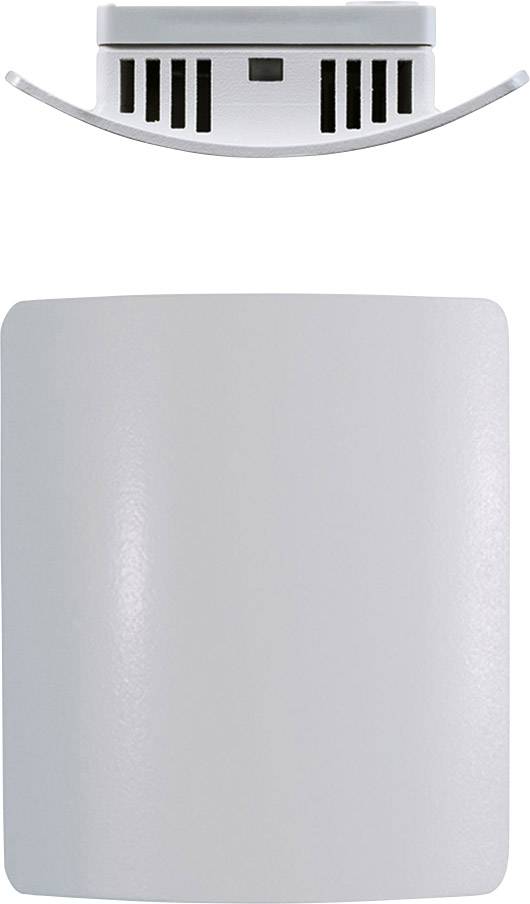 A white smoke detector with ventilation slots at the top. Rectangular shape with rounded edges.