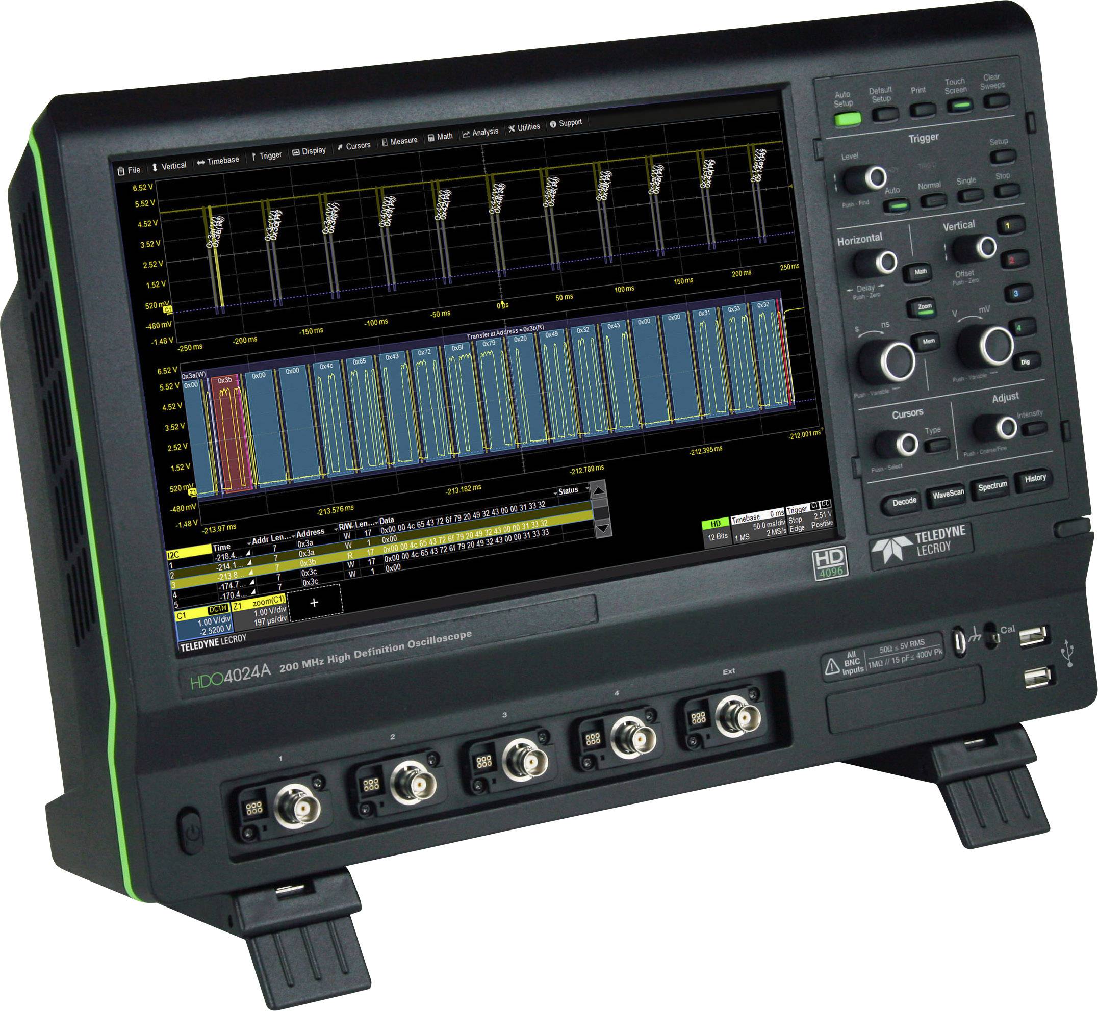 Oscilloscope with digital display, showing waveforms and measurements, includes control buttons on the right for settings and adjustments.