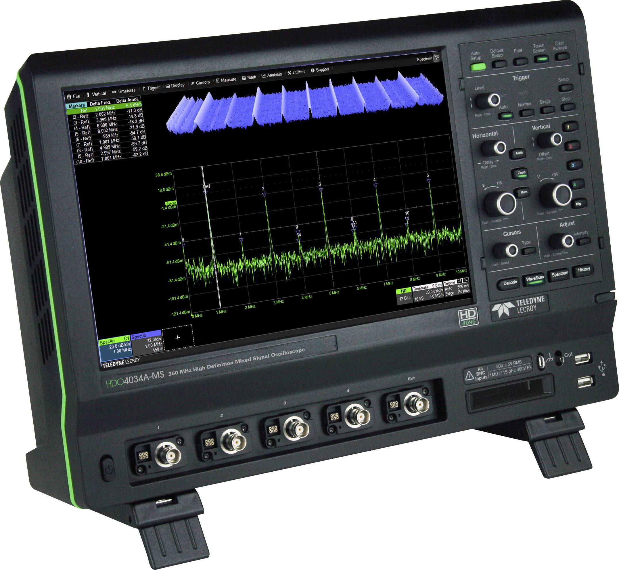 A digital oscilloscope displays various signal traces and control elements for analysing frequency signals.