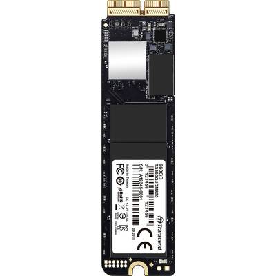 A black Transcend M.2 SSD storage device with 960 GB capacity and CE marking, placed on a white background surface.