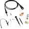 Oscilloscope probe set with cable, crocodile clip, various probes and coloured markers. Ideal for precise electronic measurements.
