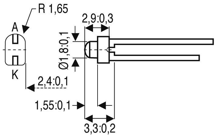 Technical drawing of an LED with dimensions: diameter, length, and spacing of contacts are shown.