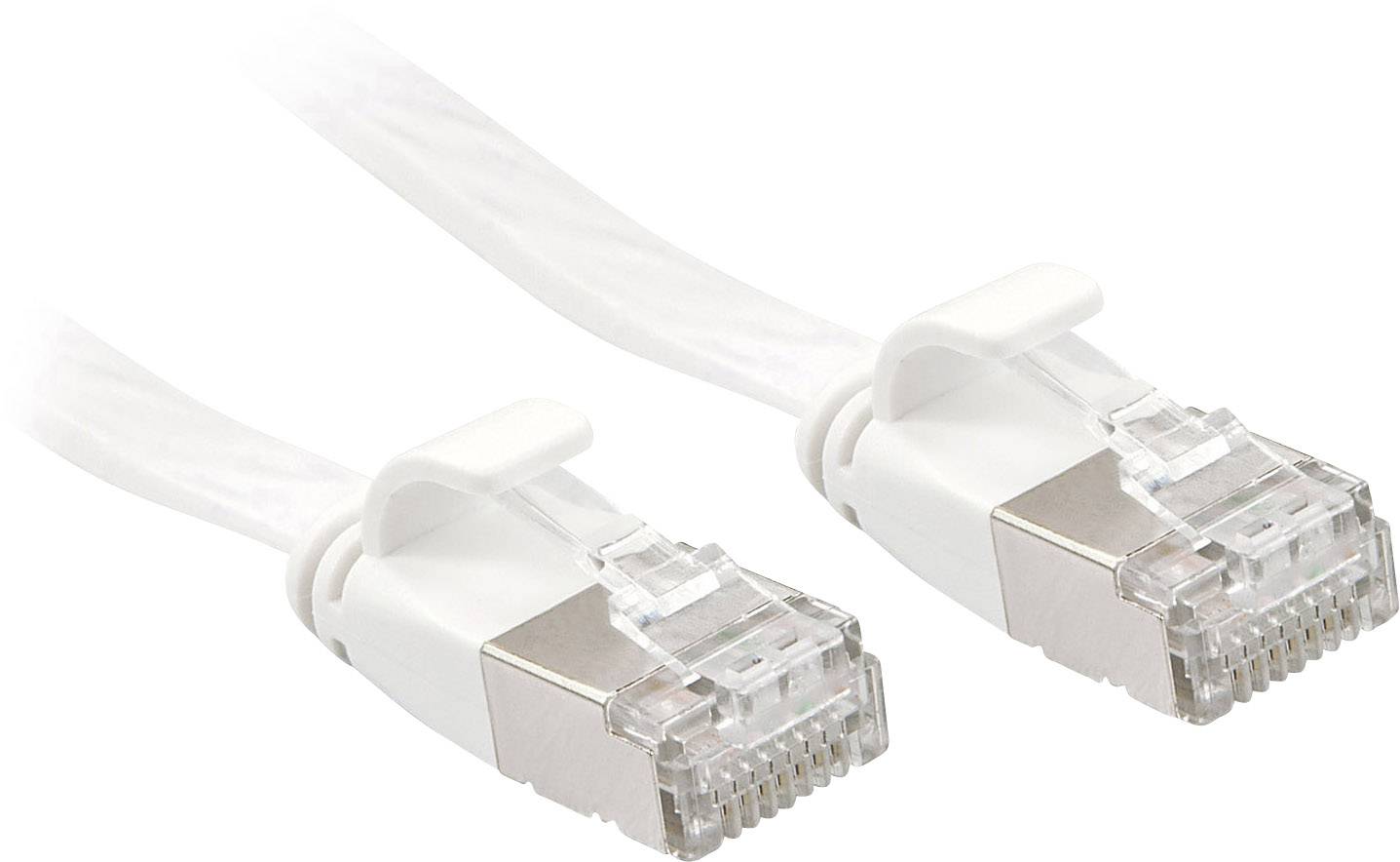 Two white Ethernet cables with RJ-45 plugs lie side by side, showing their connections. They are intended for network connections.