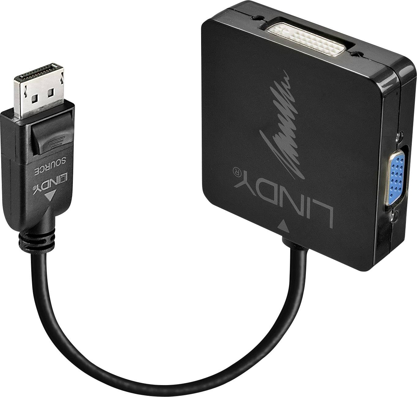 A Lindy adapter with a DisplayPort plug and two outputs: DVI and VGA. The adapter is black.