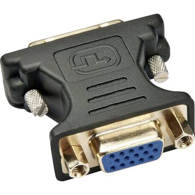 'DVI to VGA adapter in black and gold with a blue socket and two screw connections. Enables connection between DVI and VGA.'