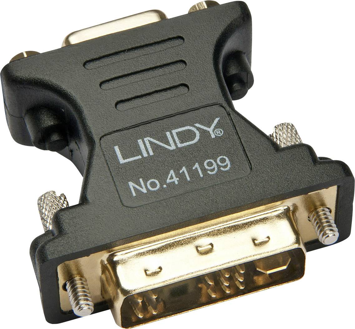 'DVI-to-VGA adapter by Lindy, Model No. 41199, with gold-plated connectors, suitable for connecting DVI devices to VGA monitors.'