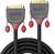 A black and red Lindy cable with two DisplayPort plugs and a locking mechanism, shown in a close-up view.