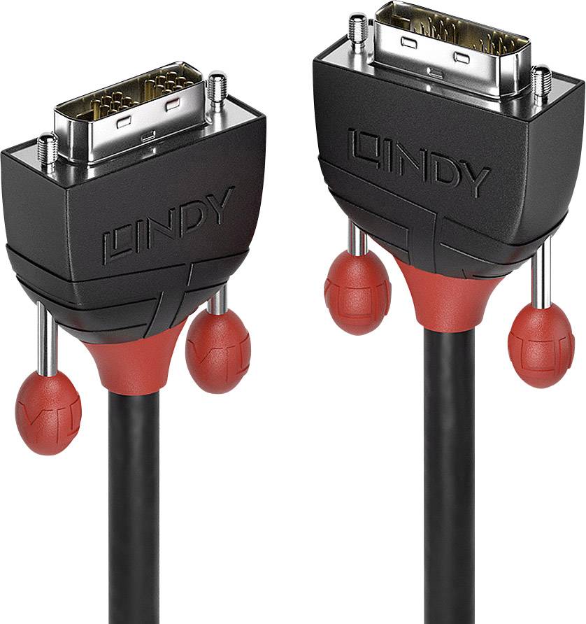 Two black cables with red plugs and DVI connectors. Possible accessory for computer monitors or projectors.