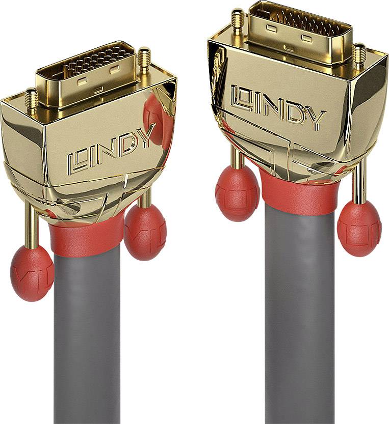 Two golden DVI cable plugs with red connection ends. Plugs are labelled 'LINDY' and designed for high-resolution video transmission.