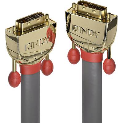 Two golden DVI cable plugs with red connection ends. Plugs are labelled 'LINDY' and designed for high-resolution video transmission.