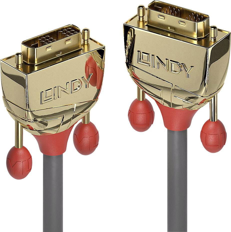 Two gold-coloured DVI plugs with 'LINDY' inscription and red, rubber-like end caps, connected by a black cable.