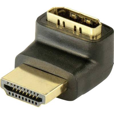 A HDMI adapter in close-up, converting a standard HDMI plug into a mini-HDMI socket. Manufactured in black and gold.