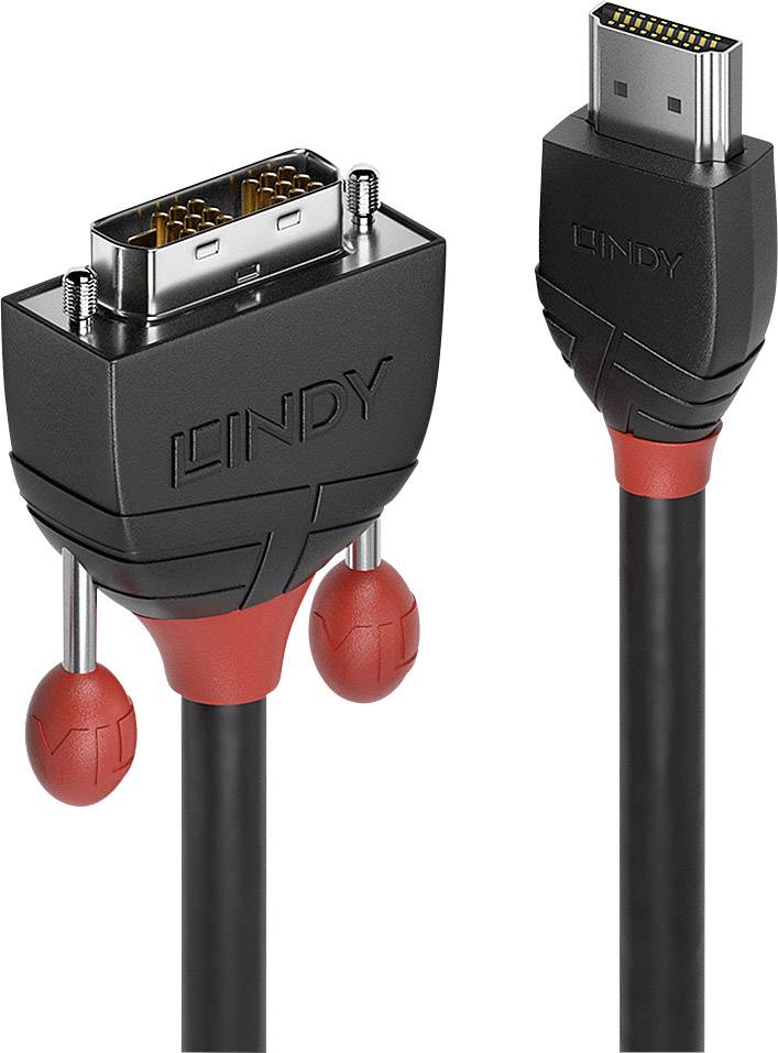 Two black cables with red accents: on the left a DVI port, on the right an HDMI port, both with the 'Lindy' logo.