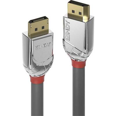 Two DisplayPort cables with metallic connectors and a red ring. The brand name 'LINDY' is engraved on the connector housings.