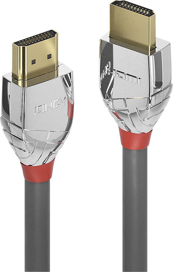 A silver-coloured HDMI cable with red accents and two connectors, shown in close-up. Suitable for video and audio connections.