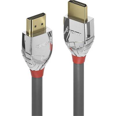 A silver-coloured HDMI cable with red accents and two connectors, shown in close-up. Suitable for video and audio connections.