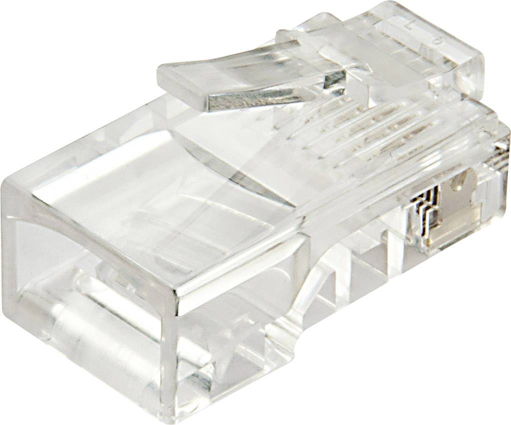 A transparent RJ45 plug for Ethernet cables, suitable for network connections, with a view of metal contacts and plastic locking mechanism.