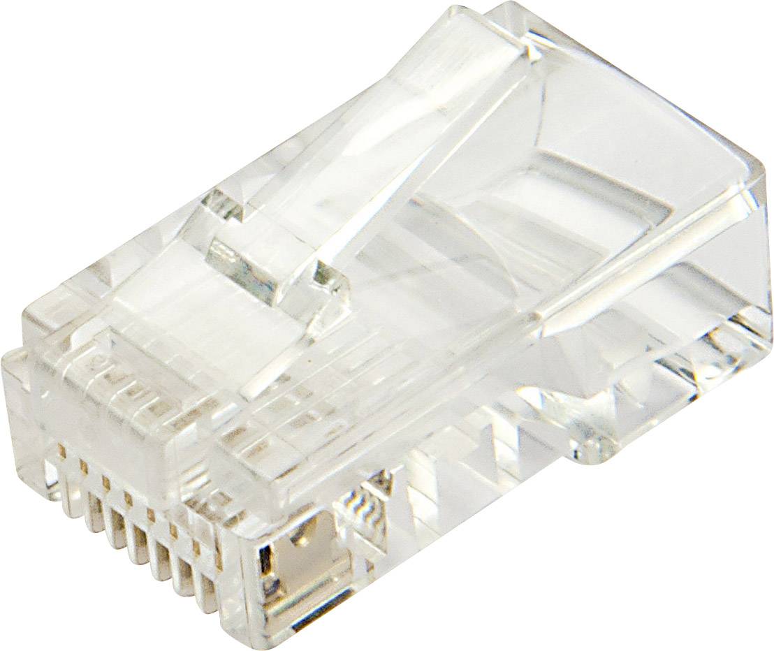 A transparent RJ45 network plug for Ethernet cables, used in data communication to connect devices in a network.