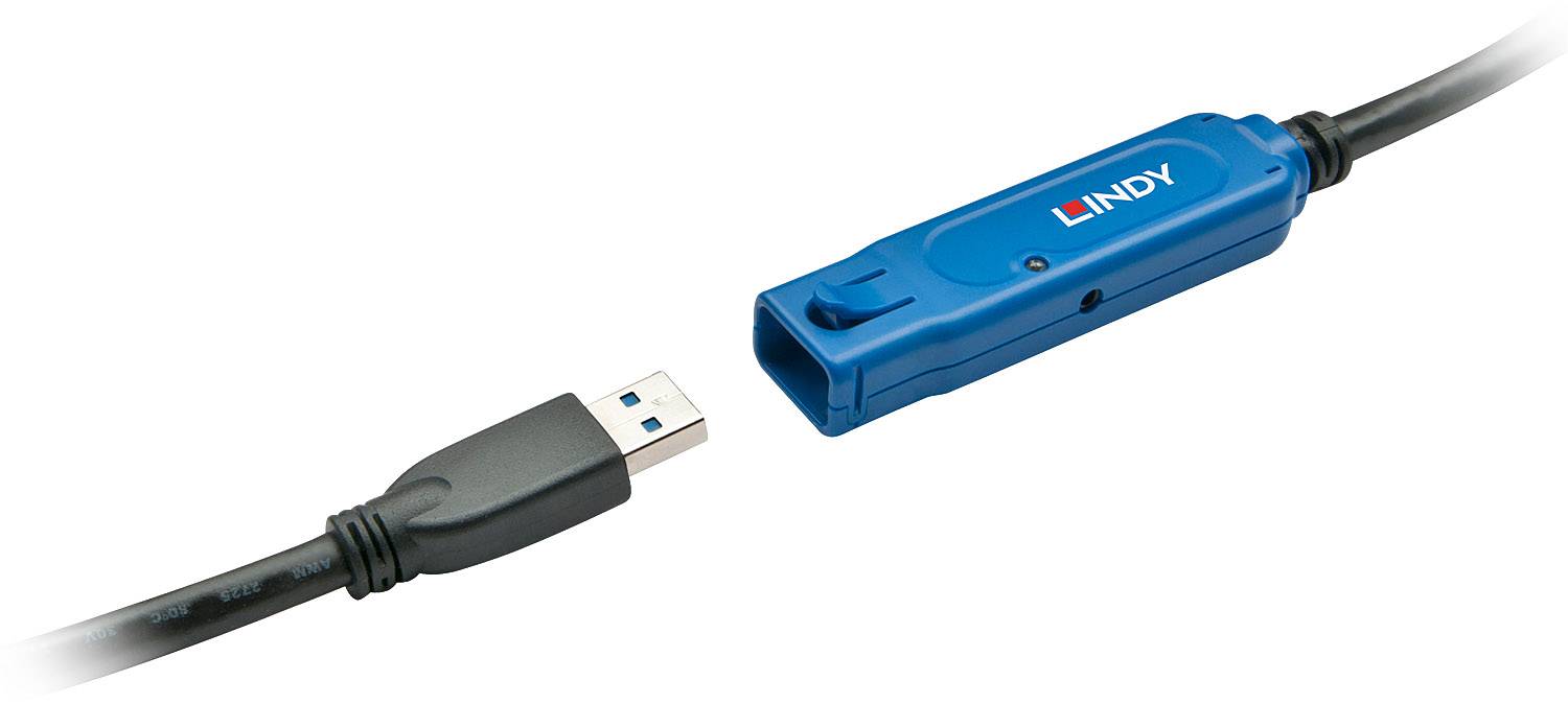 A blue USB extension cable by Lindy with a USB plug on the left side and a blue-sheathed socket on the right.