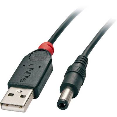 A USB cable with a USB plug on one side and a round power connector on the other side.