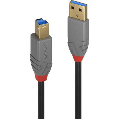USB A-to-B cable, grey plastic connectors with red accents, suitable for connecting printers or other peripheral devices.