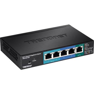 'Trendnet PoE+ EdgeSmart Switch', five Ethernet ports, with power and link LEDs. Compact black design, suitable for network connections.
