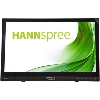 A 'HANNspree' monitor displays a green wave pattern on a white background.
