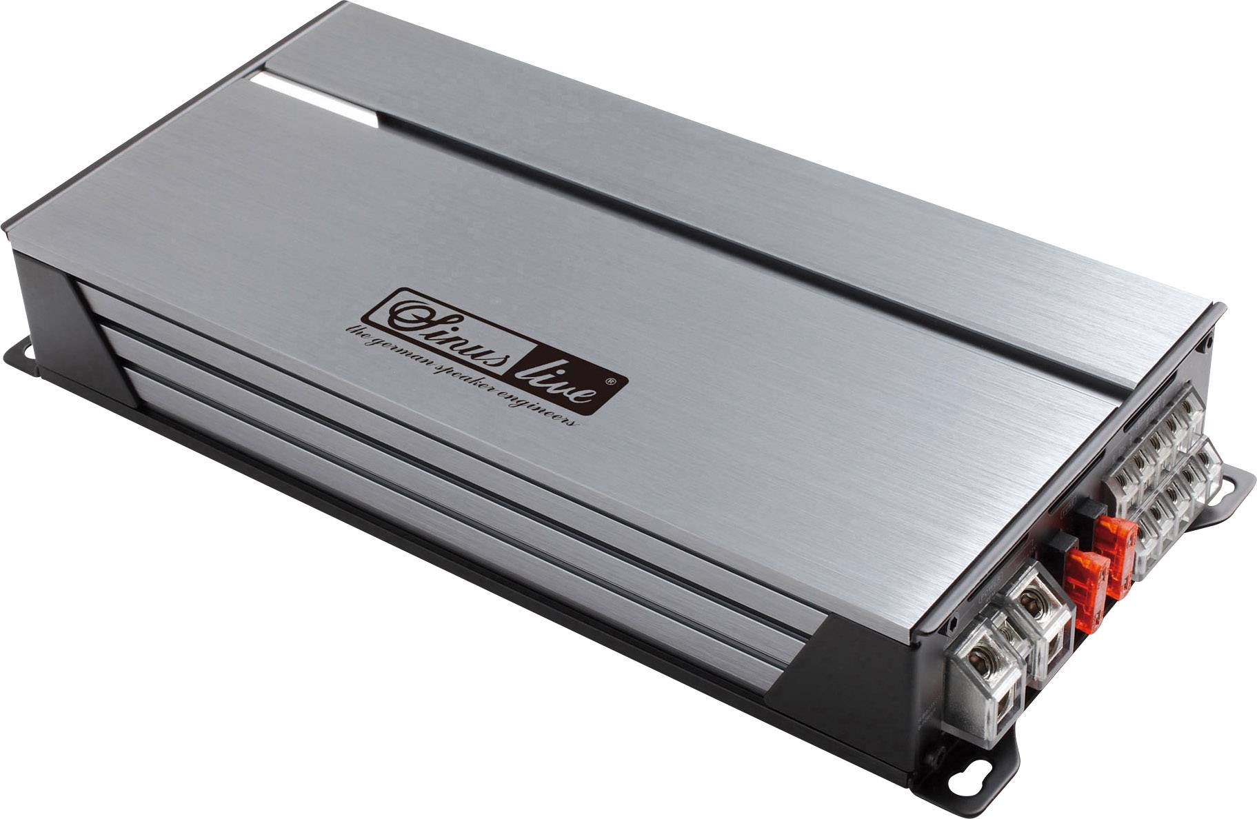 Silver-coloured car amplifier with connection terminals on the right-hand side; product brand 'Sinus Live' shown.