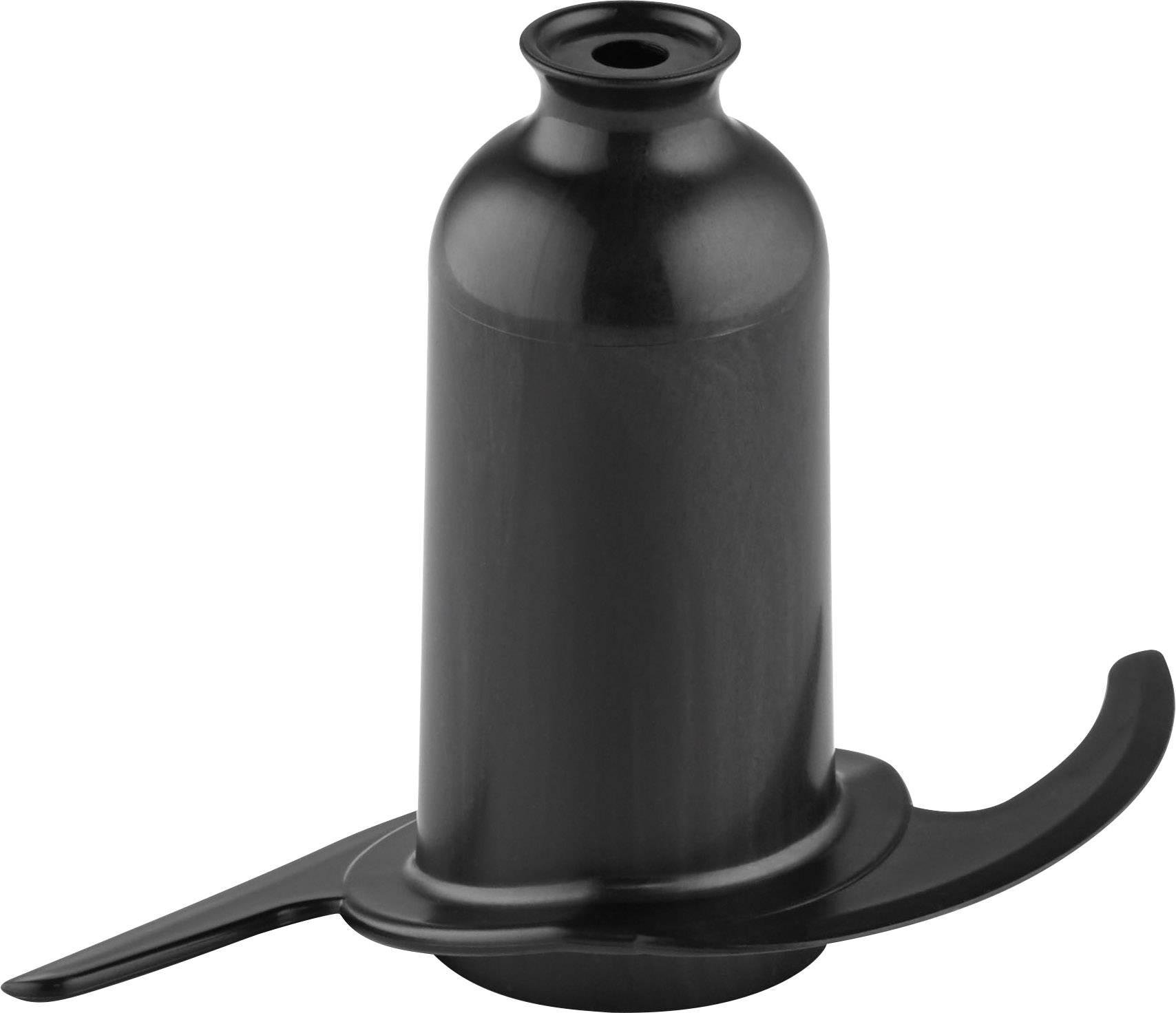 A black plastic component with a cylindrical shape and wing-like protrusions on its sides.