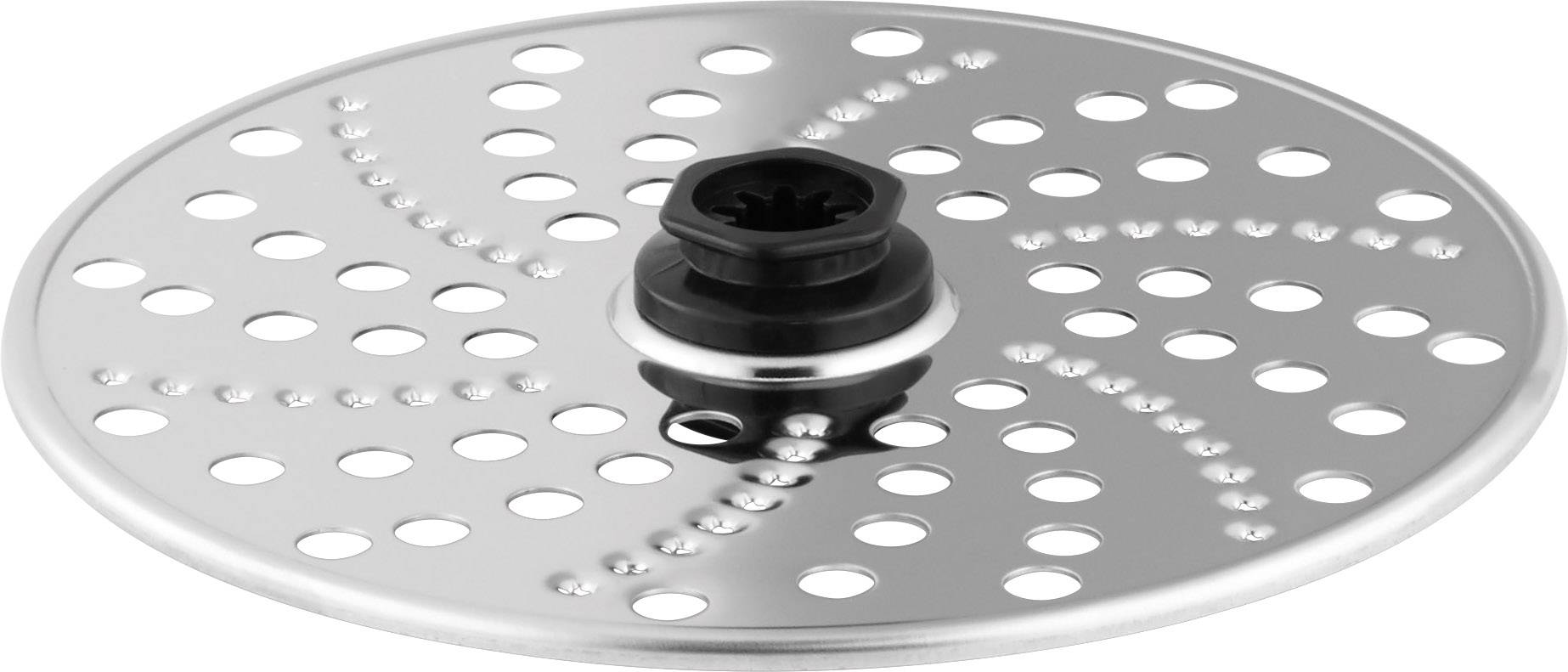 Metal circular disc with a plastic centre, perforated for a device component, possibly a kitchen appliance.
