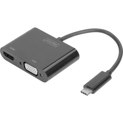 A black adapter with a USB-C port, HDMI and VGA outputs. 'Digitus' brand name on the casing.