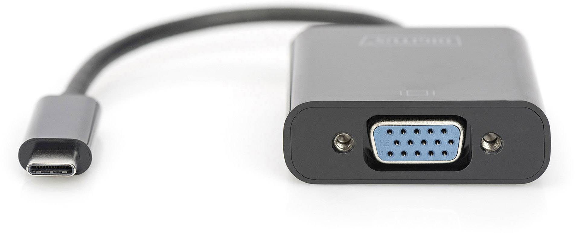 A USB-C to VGA adapter with a short cable connects modern devices with older VGA monitors.