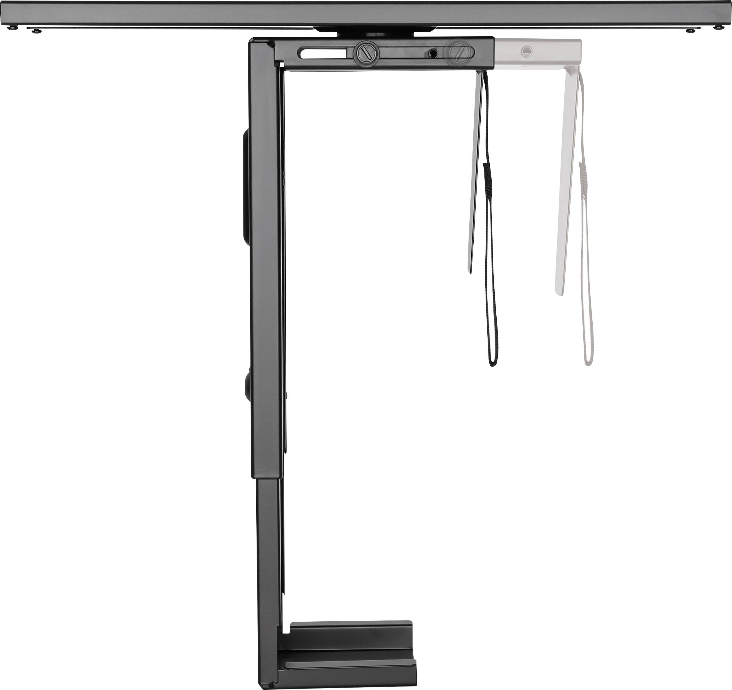 A black, height-adjustable table frame with cable holders is shown from the side. The table is designed in a minimalist and functional manner.