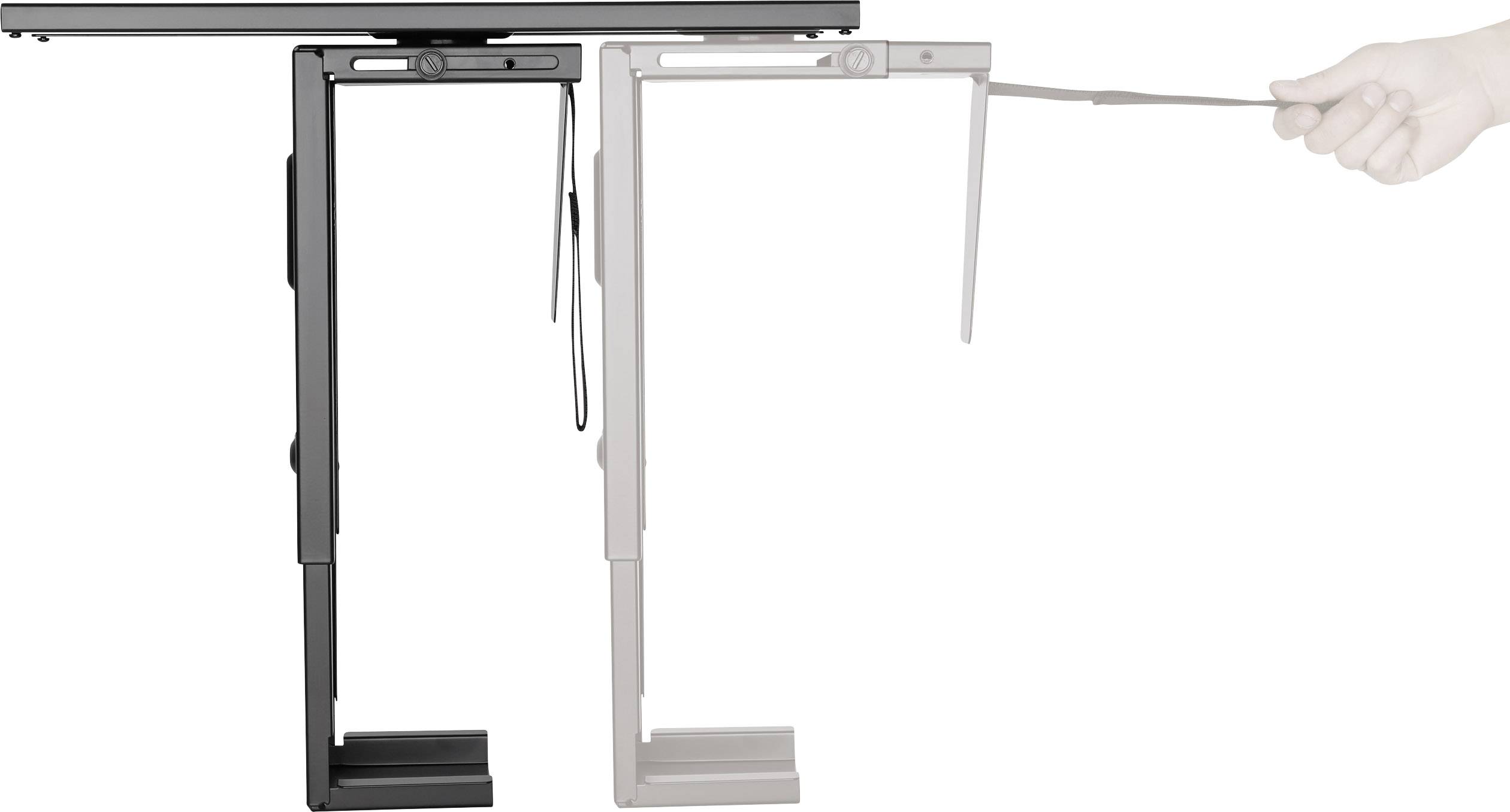 Two height-adjustable desk mounts in black and grey, placed side by side; a hand is operating the grey mount.