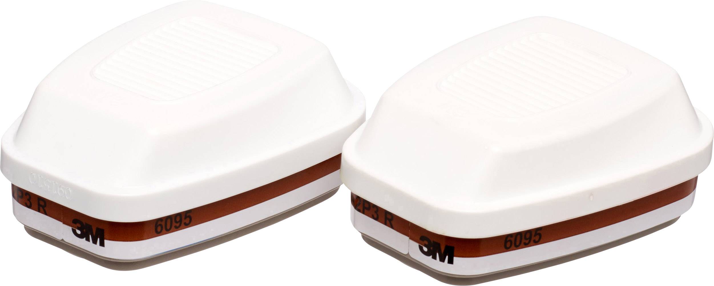 Two white filter cartridges with the inscription '3M 60955' for respiratory protective masks. They provide protection against particles and vapours.